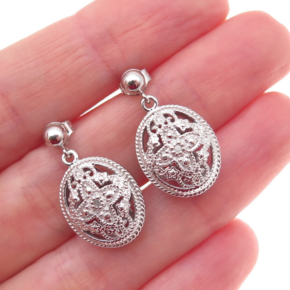 Han 925 Sterling Silver Real Round-Cut Diamond Floral Dangle Earrings